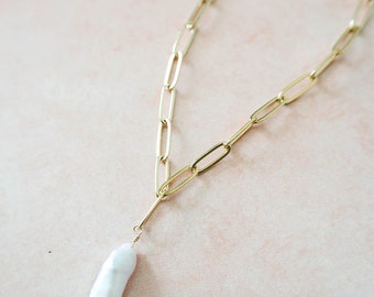Gold Filled Paperclip Chain Pearl Necklace, Paperclip Necklace, 18k Gold Filled Necklace, Water Resistant Necklace, Gold Layering Necklace