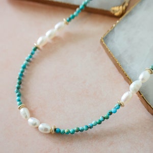 Natural Turquoise & Freshwater Pearl Necklace, Handmade Beaded Necklace, Freshwater Pearl Necklace, Turquoise Necklace, Gift's for her