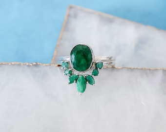 Sterling Silver Emerald Ring Set, Stackable Rings, May Birthstone Jewelry