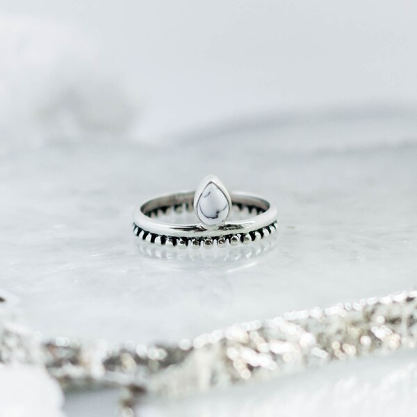 Anillo apilable de ágata de dendrita en forma de pera, anillo de plata de ley 925