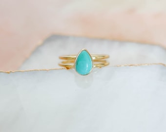 Gold Turquoise Ring, Dainty Turquoise Ring, Double Band Gold Ring, Turquoise Pear Ring, 14k Gold Vermeil Ring, Gifts for Women