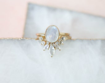 Moonstone Ring Set, Gold Moonstone Ring, Two Ring Set, Rainbow Moonstone Ring, 14k Gold Vermeil Stackable Ring, Gift for Her