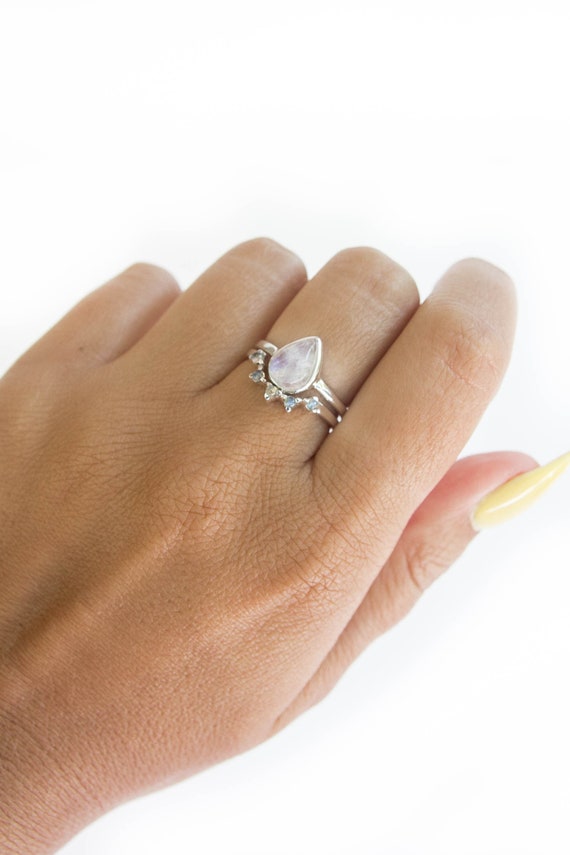 pear moonstone ring with 5 round stone stacker Rainbow moonstone stacking set 925 sterling silver
