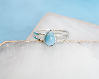 Dainty Larimar Ring, Larimar Silver Ring, Double Band Silver Ring, Larimar Pear Ring, Sterling Silver Ring, Gifts for Women