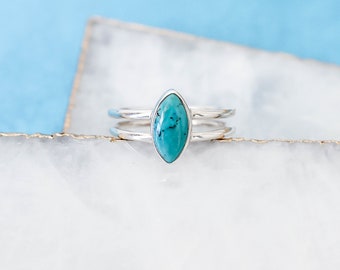 Dainty Marquise Turquoise Ring, Double Band, Sterling Silver