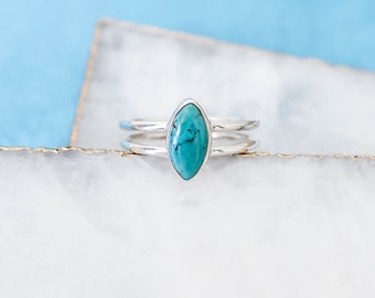 Dainty Turquoise Ring, Marquise Turquoise Ring, Turquoise Silver Ring, Dainty Ring, Double Band Ring, 925 Sterling Silver Ring