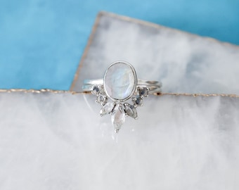 Sterling Silver Rainbow Moonstone Ring Set, Stackable Rings