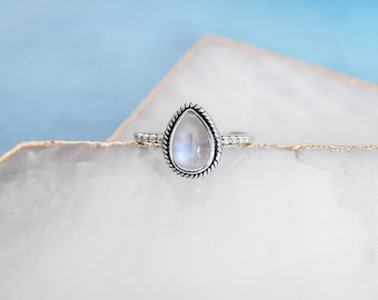 Rainbow Moonstone Pear Ring • 925 Sterling Silver • Natural Gemstone Jewelry • June Birthstone •  Gift for her