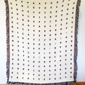 personalized word search blanket, woven word search throw, custom word search blanket, fun woven cotton blanket, white or black background