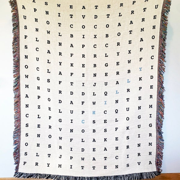 personalized word search blanket, woven word search throw, custom word search blanket, custom option, fun woven cotton blanket