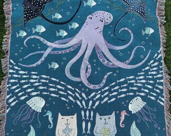 Octopus Woven Blanket: Underwater Scene Cotton Throw