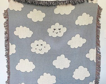 Woven Cotton Cloud Blanket - Cotton Throw featuring cute clouds with friendly faces