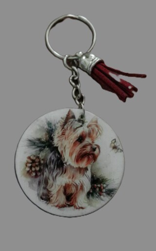 Portachiavi In Plastica Con Foto - Yorkshire Terrier Cucciolo - Cerchio BW, Regalo Per Amanti Dei Cani #46520