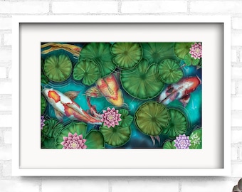 Koi fish art, Fine art print, Japanese koi fish, Wall art, wall décor, Japanese art, koi pond, Ying Yang, Mystical water painting 11x17