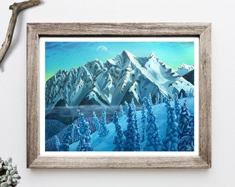 Snowy Mountain Art,Print, Wild Nature Art, Pacific Northwest, Coastal Mountain Art, Winter Landscape, Nursery art, Mountain Art, 12 x16