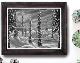 Winter Landscape art, Fine Art Print, Nursery Print, Wall Art, Wall Decor,art, Mystical Forest Art, Northern Lights, Black and White11 x 14