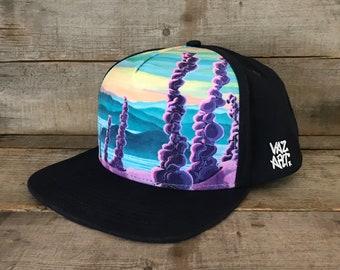 Snap Back Hat, Custom Snap Back Cap, Retro Hat, Vaz Art Snap Back, Wearable art ,Mountains, mounatin art, snow, British Columbia, Okanagan