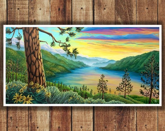 Arte del valle de Okanagan de Vaz Art, arte mural de lago, lago, arte paisajístico, arte de viñedo, lago canadiense, Columbia Británica, impresión artística, escena de verano