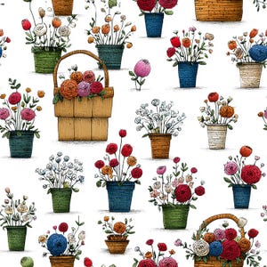 Puede incluir: Un patrón sin costuras con varias flores en macetas y cestas llenas de coloridas flores. Las flores son en tonos de rojo, naranja, rosa y azul, sobre un fondo blanco. Las macetas y cestas son de varios colores y estilos.