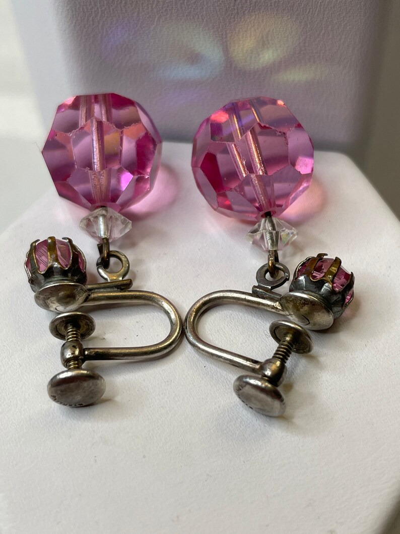 Vintage Sterling Silver Pink Glass Bead Dangle Screw Back Earrings