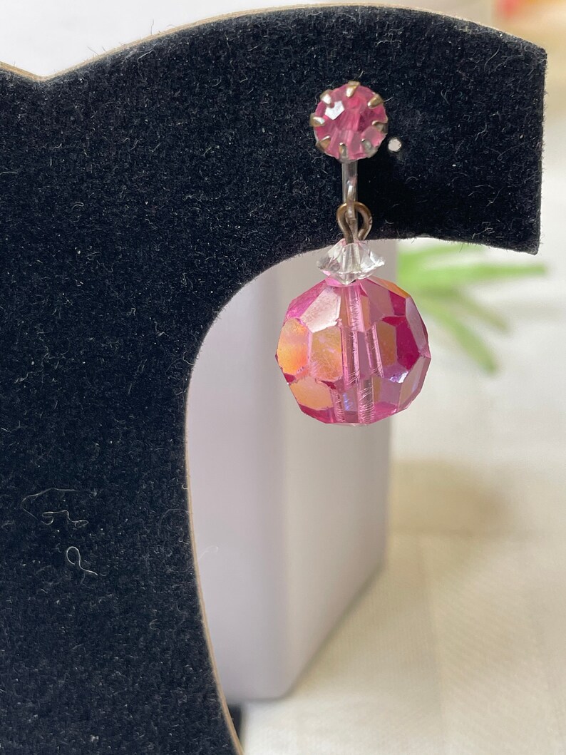 Vintage Sterling Silver Pink Glass Bead Dangle Screw Back Earrings