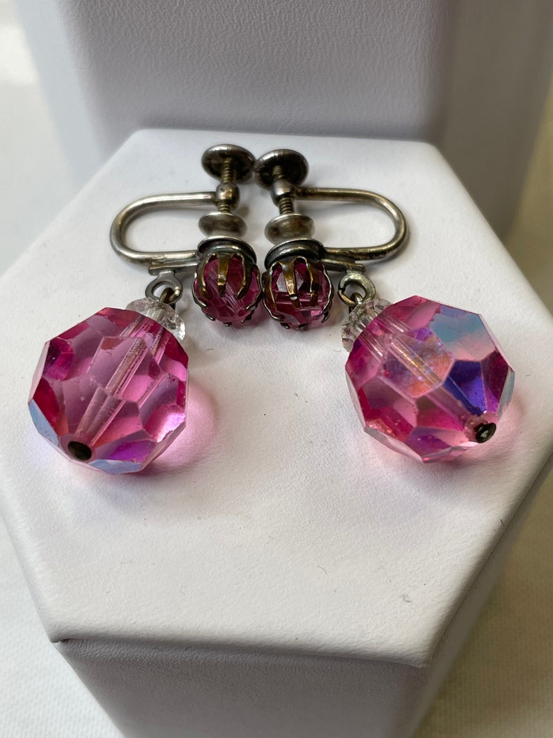 Vintage Sterling Silver Pink Glass Bead Dangle Screw Back Earrings