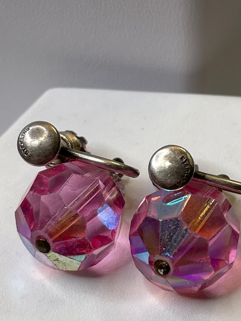 Vintage Sterling Silver Pink Glass Bead Dangle Screw Back Earrings