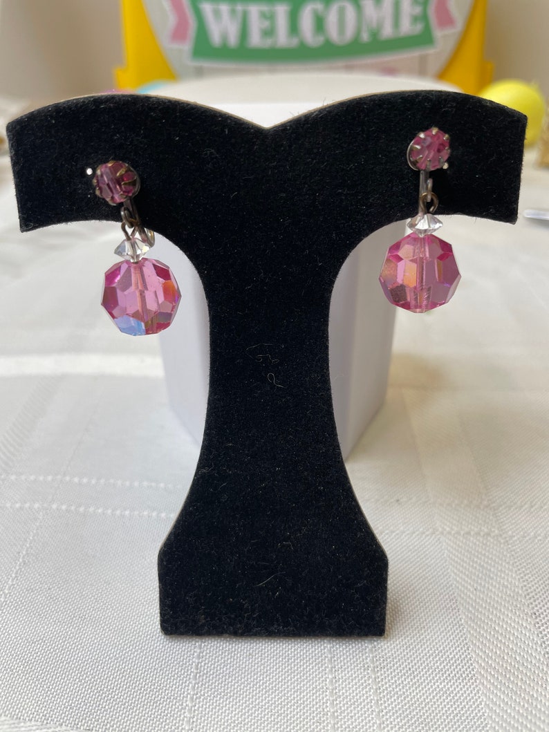 Vintage Sterling Silver Pink Glass Bead Dangle Screw Back Earrings
