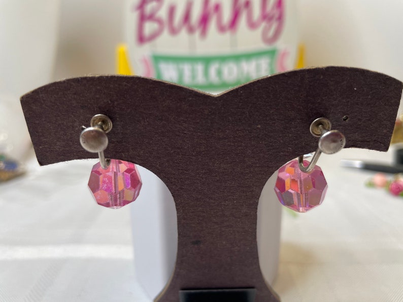 Vintage Sterling Silver Pink Glass Bead Dangle Screw Back Earrings