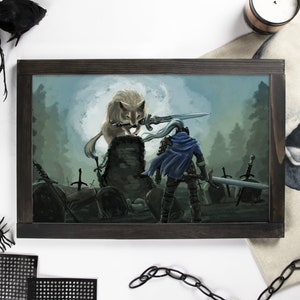 Krieger gegen Grauen Wolf Print - Wandkunst Illustration Poster für Schlafzimmer Wohnzimmer Handgemachte Tapete Kunstwerk von Digital Artist