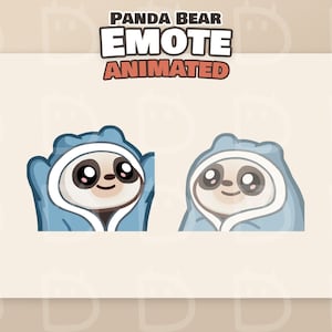 Może przedstawiać: Dwa animowane emotikony z pandą. Pandy noszą niebieskie stroje z kapturem. Tekst "Panda Bear Emote Animated" znajduje się u góry obrazu.