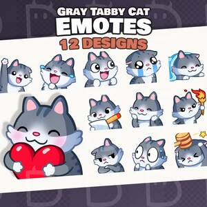 Puede incluir: Una colección de 12 emoticonos de gato atigrado gris con varias expresiones. Los emoticonos incluyen un gato saludando, riendo y sosteniendo un corazón. El texto "GRAY TABBY CAT EMOTES 12 DESIGNS" se muestra en la parte superior de la imagen.
