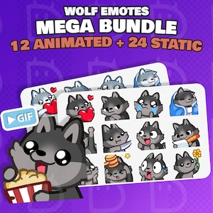 Wolf Mega Bundle (12 Animated + 24 Static) – Dark & Gray Wolf Twitch, Discord, YouTube Emotes Pack for Streamers