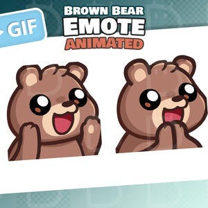 Peut inclure: Deux émoticônes animées d'ours bruns avec de grands yeux noirs et des bouches ouvertes, exprimant la surprise et la joie. Le texte "BROWN BEAR EMOTE ANIMATED" est affiché au-dessus des ours, avec un bouton "GIF" en haut à gauche.