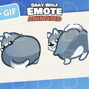 May include: Animated GIF of a cartoon gray wolf emote. The wolf is depicted in two poses, with a light blue background and the words "GRAY WOLF EMOTE ANIMATED". The wolf has white accents and a cute expression.