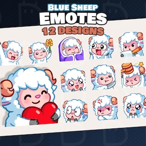 Könnte beinhalten: Ein digitaler Stickerbogen mit dem Titel BLUE SHEEP EMOTES 12 DESIGNS, der zwölf Zeichentrick-Schafe mit weißer Wolle, rosa Gesichtern und geschwungenen Hörnern zeigt. Die Schafe sind in verschiedenen Posen mit Gegenständen wie Herz, Blume und Hammer dargestellt.