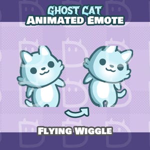 Puede incluir: Emoticón animado con dos gatos fantasma azul claro en una animación 'Flying Wiggle'. Los gatos tienen ojos negros y caras sonrientes. El texto 'Ghost Cat Animated Emote' y 'Flying Wiggle' se muestra sobre un fondo morado.