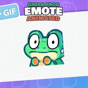 Puede incluir: Una pegatina digital animada que muestra una rana verde con ojos blancos grandes, vientre amarillo pálido y manos naranjas. La rana tiene una gota de sudor azul en el costado. Arriba, el texto dice GREEN FROG EMOTE ANIMATED con icono GIF.