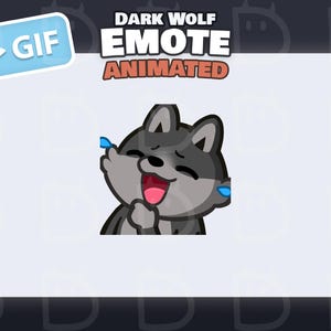 Puede incluir: GIF animado de un lobo de dibujos animados riendo con lágrimas de alegría. El lobo es gris y blanco con una lengua rosa y una expresión feliz. Incluye el texto "DARK WOLF EMOTE ANIMATED" y un botón de reproducción.