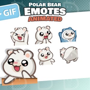 Puede incluir: Un conjunto de emoticonos de oso polar animados con diversas expresiones. Los emoticonos son blancos con ojos negros y detalles rosas, sobre un fondo blanco. El texto "POLAR BEAR EMOTES ANIMATED" está en la parte superior.