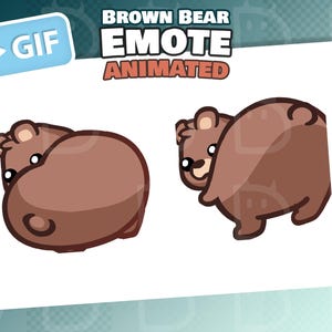 May include: Animated brown bear emote with the text "BROWN BEAR EMOTE ANIMATED" and a "GIF" button. The bear is depicted in two poses, facing left and right, with a cartoon style.