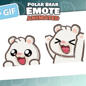 May include: Two animated polar bear emotes on a white background. One bear peeks over the edge, smiling. The other bear has its arms raised in excitement. Text at the top reads "POLAR BEAR EMOTE ANIMATED". A blue "GIF" button is in the upper left.