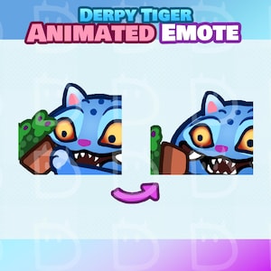 Peut inclure: Emote animé représentant un tigre bleu avec une expression stupide, tenant une petite plante. Le texte "DERPY TIGER ANIMATED EMOTE" est affiché en haut. Une flèche rose indique l'animation. Le fond est un dégradé de bleu et de violet.