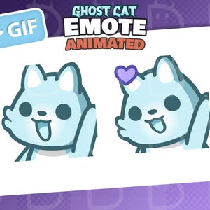 Può includere: GIF animata con un'emote di gatto fantasma dei cartoni animati blu chiaro. Il gatto ha un'espressione felice, con una versione con un cuore viola. Il testo in alto recita "Ghost Cat Emote Animated". Un pulsante blu "GIF" si trova nell'angolo in alto a sinistra.
