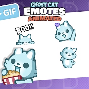Può includere: Uno sfondo bianco presenta quattro emote animate di gatti fantasma. Un pulsante GIF è in alto a sinistra. Il testo recita "Ghost Cat Emotes Animated". Le emote mostrano varie espressioni, tra cui un gatto con popcorn.