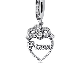 Princess Crown Heart Dangle Charms 925 Sterling Silver Fit Women Bracelet Bead fit Women Charm  Handmade Charms