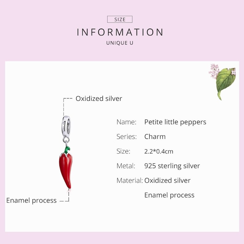 925 Sterling Silver Petite Little Pepper Red Plant Charm Pendant for Bracelet fit for Authentic Women Charms and european bracelets image 3