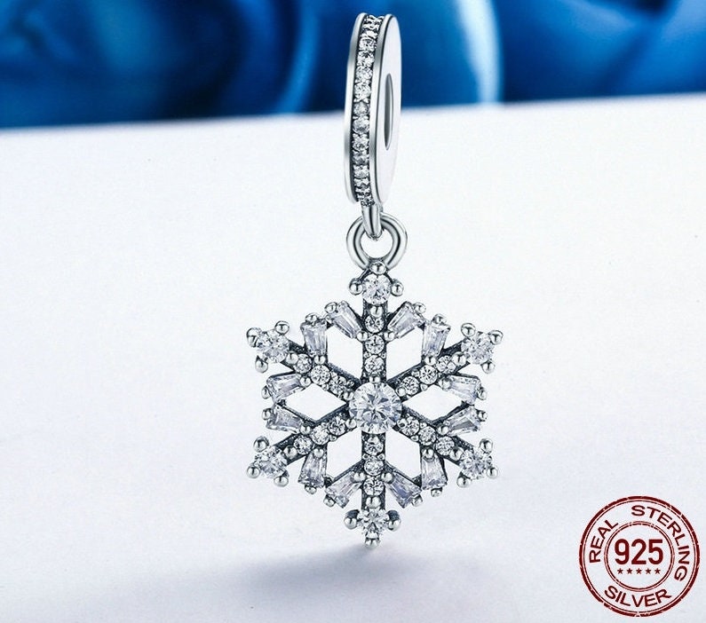 Sterling Silver Snowflake European Glass Bead Charm - Slide-On Charm For Bracelets, 4.4mm Hole - View #5