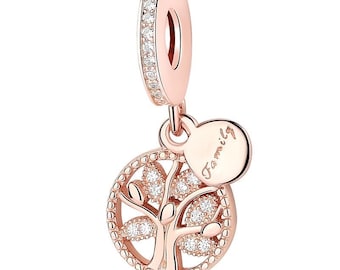 Rose Gold Family Heritage Tree Charm Dangle 925 Silver Mum Daughter Women Handmade Charms