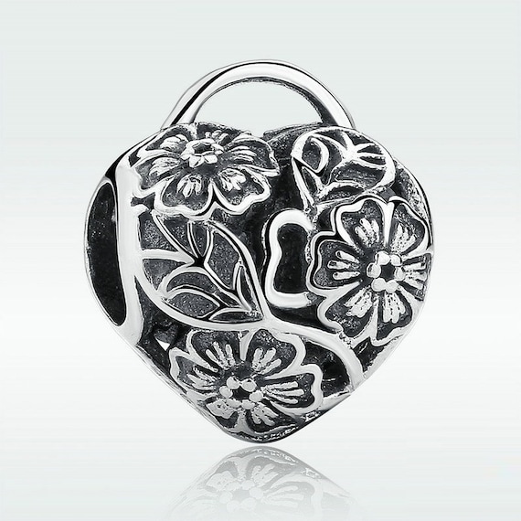 925 Sterling Silver Flower Heart Padlock Charm Fit Women Bracelet